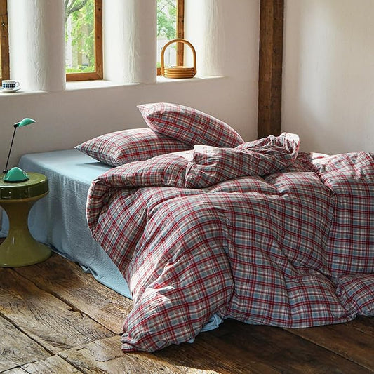 EAVD Vintage Style Red&Blue Gingham Duvet Cover Twin Soft 100% Cotton Muslin Yarn-Dyed Textured Retro Grid Plaid Bedding Set Reversible British-Style Gingham Bedding Set with Zipper Closure