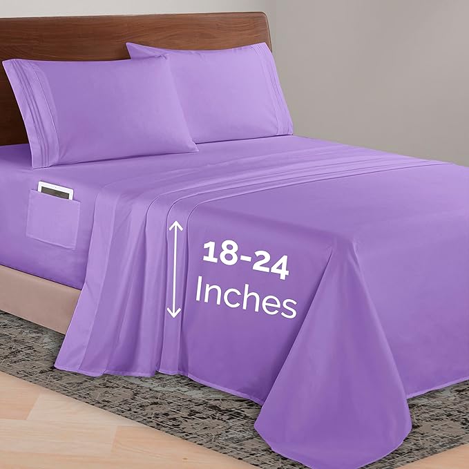 Elegant Comfort Luxurious 1500 Premium Hotel Quality Microfiber 4-Piece Sheet Set, 18-24 Inches Deep - Extra Deep Pocket Sheets - Ultra Soft 4PC Deep Pocket Sheets, Queen, Lavender
