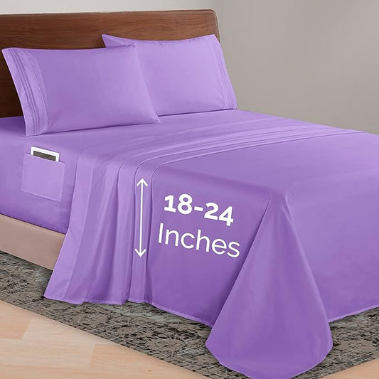 Elegant Comfort Luxurious 1500 Premium Hotel Quality Microfiber 4-Piece Sheet Set, 18-24 Inches Deep - Extra Deep Pocket Sheets - Ultra Soft 4PC Deep Pocket Sheets, King, Lavender