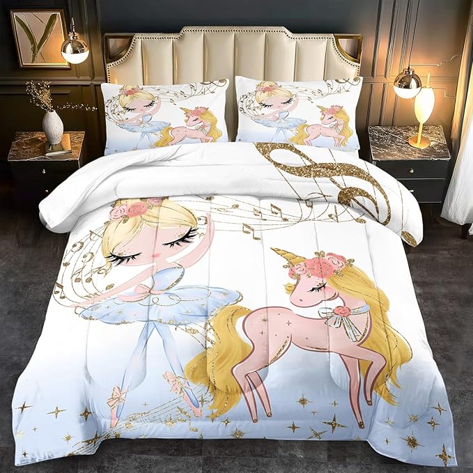 Golden Unicorn Girls Comforter Set Twin Kawaii Unicorn Bedding Set Twin Cute Horse Comforter Girls Bedroom Decor White Animal Print Bedding Bed Decor Animal Print Quilt
