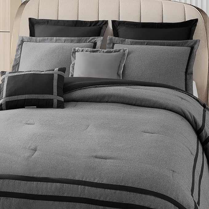 Wonderful Hotel Comforter Set Queen Size 8 Piece Bedding Set Grey Luxury Hydro-Brushed Modern Bedding Comforter Set with Sheet, Fitted Sheet, Pillow Shams, Decorative Pillow for All Season