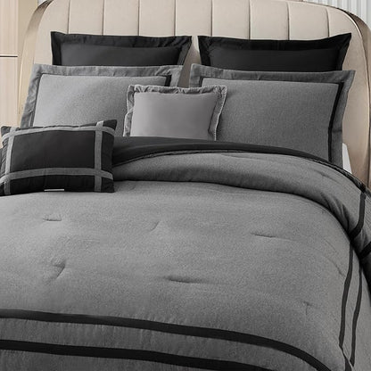 Wonderful Hotel Comforter Set Queen Size 8 Piece Bedding Set Grey Luxury Hydro-Brushed Modern Bedding Comforter Set with Sheet, Fitted Sheet, Pillow Shams, Decorative Pillow for All Season