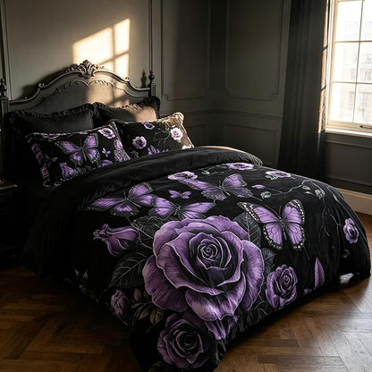 Black Vintage Comforter Set Twin Size, Black Red Floral Bedding Set for Gothic Bedroom Decor, 2 Pieces Soft Microfiber Lightweight Comforter Set with 1 Pillowcase, 68"x86"