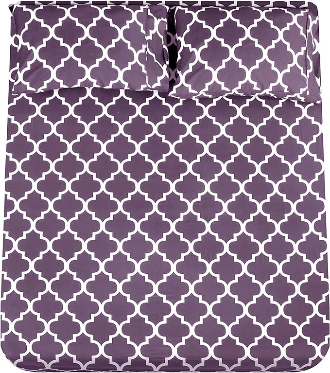 Mejoroom Queen Bed Sheet Set - Super Soft Brushed Microfiber 1800 Thread Count Queen Sheets with 16 inch Deep Pocket - Wrinkle Free - 4 Piece(Queen, Purple Quatrefoil with White Pattern)