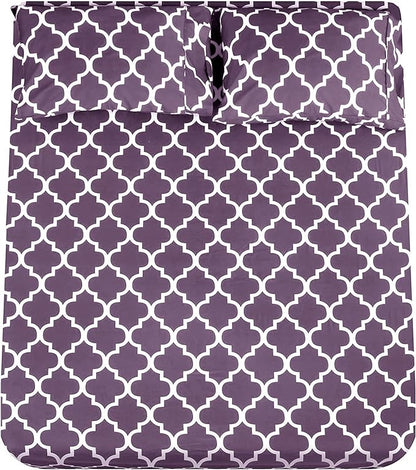 Mejoroom Queen Bed Sheet Set - Super Soft Brushed Microfiber 1800 Thread Count Queen Sheets with 16 inch Deep Pocket - Wrinkle Free - 4 Piece(Queen, Purple Quatrefoil with White Pattern)