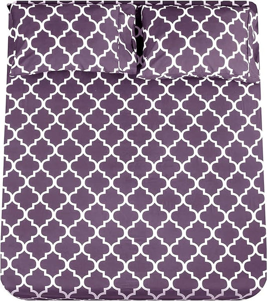 Mejoroom Queen Bed Sheet Set - Super Soft Brushed Microfiber 1800 Thread Count Queen Sheets with 16 inch Deep Pocket - Wrinkle Free - 4 Piece(Queen, Purple Quatrefoil with White Pattern)