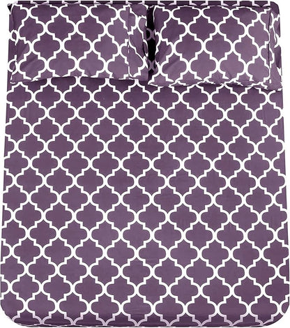 Mejoroom Full Bed Sheet Set - Super Soft Brushed Microfiber 1800 Thread Count Sheets with 16 inch Deep Pocket - Wrinkle Free - 4 Piece(Full, Purple Quatrefoil with White Pattern)