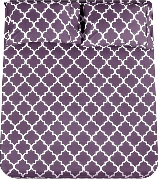 Mejoroom Full Bed Sheet Set - Super Soft Brushed Microfiber 1800 Thread Count Sheets with 16 inch Deep Pocket - Wrinkle Free - 4 Piece(Full, Purple Quatrefoil with White Pattern)