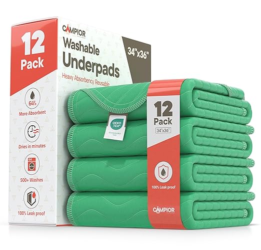 Washable Underpads Large 34"x36" (Pack of 12) – Reusable Waterproof Bed Pads for Adults & Seniors, Extra Heavy Absorbency Incontinence & Bedwetting Pads, Soft Non-Slip TPU Backing, Green.