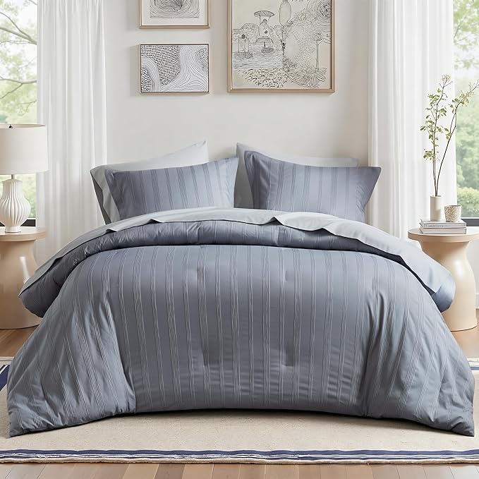 Madison Park Essentials Striped Comforter Set Queen, 7 Pieces Modern Minimalist Jacquard Bedding Set for All Season, Bed in A Bag with Sheet Set and Soft Brushed Reverse, Lightweight Blue/Grey