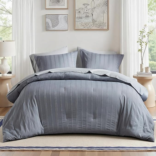 Madison Park Essentials Striped Comforter Set Queen, 7 Pieces Modern Minimalist Jacquard Bedding Set for All Season, Bed in A Bag with Sheet Set and Soft Brushed Reverse, Lightweight Blue/Grey