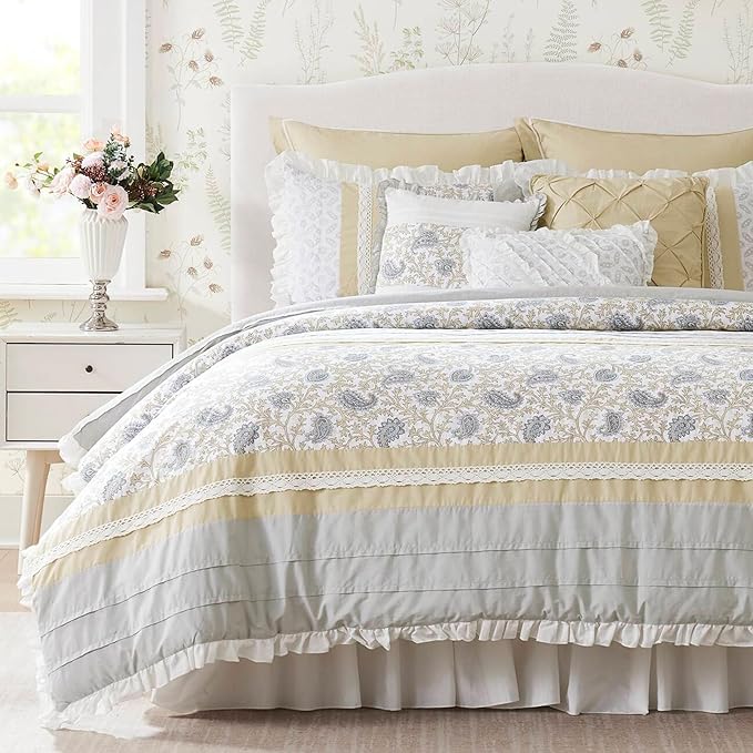 Madison Park Dawn 100% Cotton Shabby Chic Comforter Set-Modern Cottage Design All Season Down Alternative Bedding, Matching Shams, Bedskirt, Decorative Pillows, King(104"x92"), Yellow 9 Piece