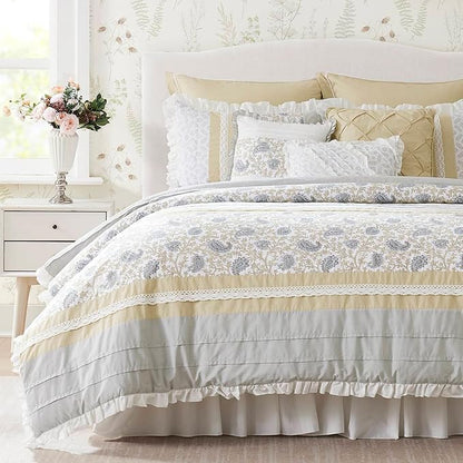 Madison Park Dawn 100% Cotton Shabby Chic Comforter Set-Modern Cottage Design All Season Down Alternative Bedding, Matching Shams, Bedskirt, Decorative Pillows, Queen(90"x90"),, Yellow 9 Piece