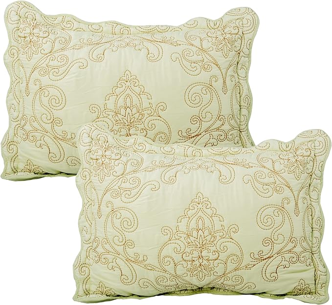 Home Soft Things Damask 4 Piece Bedspread Set, Scalloped Edge Quilt Coverlet Comforter Prewashed Bedding Set, Matelasse Embossed Floral Solid Pattern, Yellowish Green Oversize Queen(110" x 120")