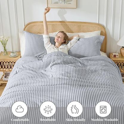 MILDLY Dark Grey Striped Duvet Cover - 100% Washed Cotton Jacquard Textured Comforter Cover with Dual Zipper Closure & 8 Coner Ties