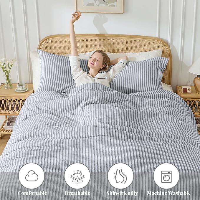 MILDLY Dark Grey Striped Duvet Cover - 100% Washed Cotton Jacquard Boho Textured Comforter Cover 3pcs with Corner Ties Zipper Closure 104"x90"