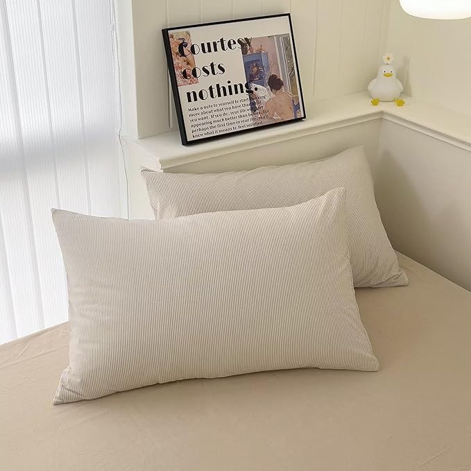 MKXI Ultra-Slim Stripes Washed Cotton Duvet Cover Set, Breathable Textured Coastal Bedding in Oyster White & Sand Dune, Twin 3-Piece, Nautical Stripe