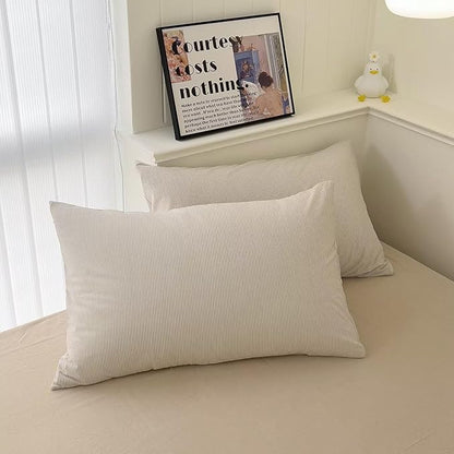 MKXI Ultra-Slim Stripes Washed Cotton Duvet Cover Set, Breathable Textured Coastal Bedding in Oyster White & Sand Dune, Twin 3-Piece, Nautical Stripe