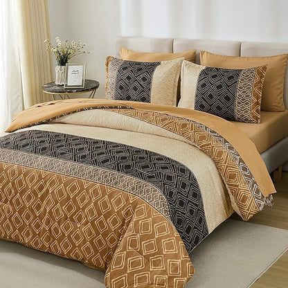 Dinjoy Full Size Comforter Sets Boho,Brown Striped Fall Bedding Set Soft 7 Piece Bed in a Bag Fall Comforters with Sheet Set,Microfiber Complete Sets with Plaid Bohemian for All Season