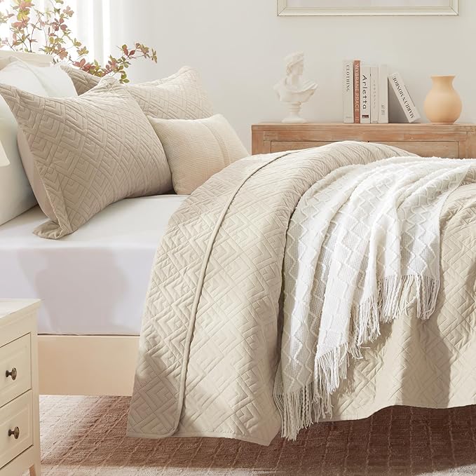 EXQ Home Quilt Set Full/Queen Size Beige 3 Piece,Lightweight Soft Coverlet Modern Style Squares Pattern Bedspread Set for All Season(1 Quilt,2 Pillow Shams)