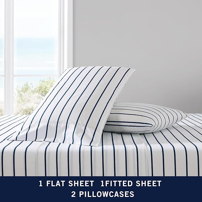 Nautica - Twin Sheet Set, Cotton Percale Bedding Set, Crisp & Cool, Lightweight & Breathable (Brenton Stripe Navy Blue, Twin)