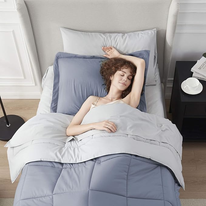 Nestl 5 Piece Twin Comforter Set – Stone Blue Reversible Bed in a Bag – Complete Twin Size Bedding Set with Sheets, Pillowcase and Sham