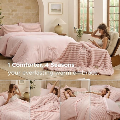 Bedsure Gentlesoft™ 2-in-1 Full Comforter Set and Detachable Fluffy Blanket, Pink Bedding Set for All Season Use, SnapTech Design for Space Saving (Includes 2 Pillow Shams, 2 Pillowcases)