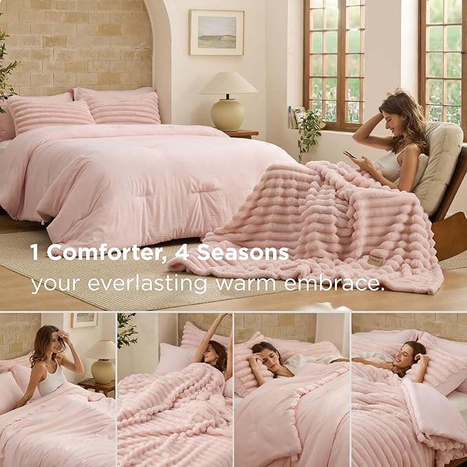 Bedsure Gentlesoft™ 2-in-1 Twin Comforter Set and Detachable Fluffy Blanket, Pink Bedding Set for All Season Use, SnapTech Design for Space Saving (Includes 1 Pillow Sham, 1 Pillowcase)