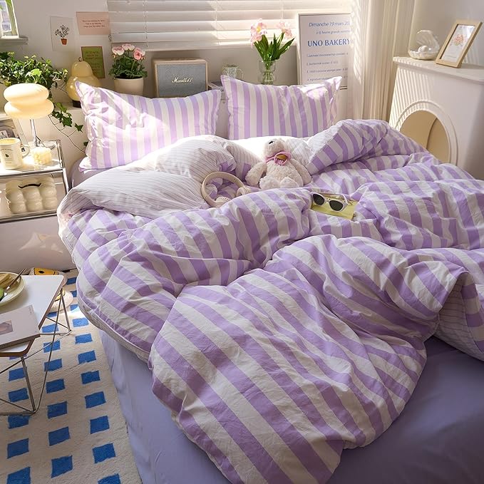 EAVD Farmhouse Purple Striped Duvet Cover Twin XL Soft Washed Microfiber Pink White Vertical Striped Bedding Set with 2 Pillowcases Modern Geometric Pattern Duvet Cover with Zipper Closure