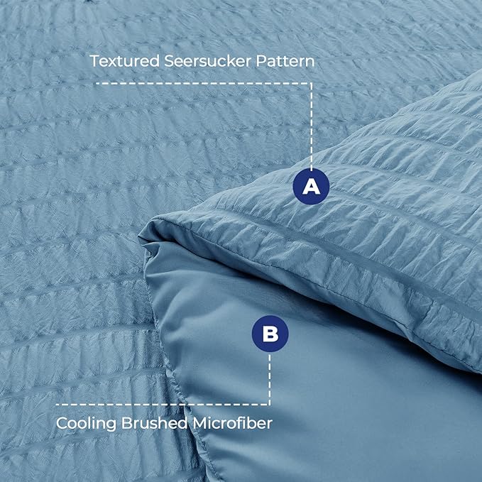 HYMOKEGE Mineral Blue Duvet Cover Queen Size, Ultra Soft 3-Piece Seersucker Duvet Cover Set with Zipper Closure, Soft Brushed Microfiber Bedding Set with 8 Corner Ties (90"x90", 2 Pillowshams)