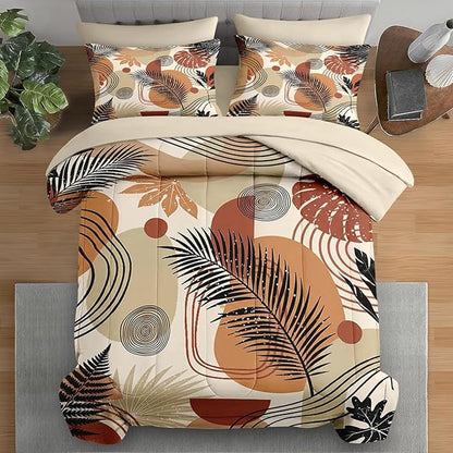Comforter Set Full Size, Boho Tropical Leaves Beige 7 Pcs Bedding for Kids and Adults, Bohemian Retro Flower Bed Sheet Sets with Fitted Sheet 2 Pillowcase & 2 Sham for Bedroom Bed Decor