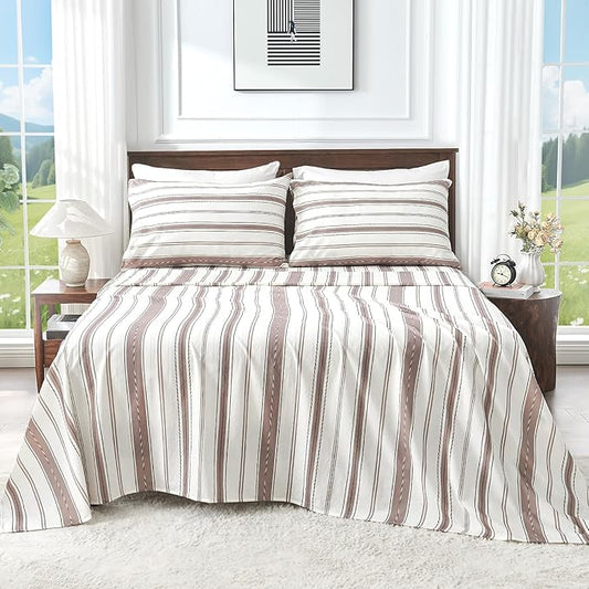 100% Linen Sheets Queen Size,Breathable & Durable 4-Piece Bed Flax Stripes Sheet Set,Soft All-Season Bedding for Hot Sleepers 16" Deep Pocket Oeko-TEX Certified,（Queen, Brown Stripes）