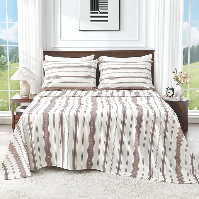 100% Linen Sheets King Size,Breathable & Durable 4-Piece Bed Flax Stripes Sheet Set,Soft All-Season Bedding for Hot Sleepers 16" Deep Pocket Oeko-TEX Certified,（King, Brown Stripes）