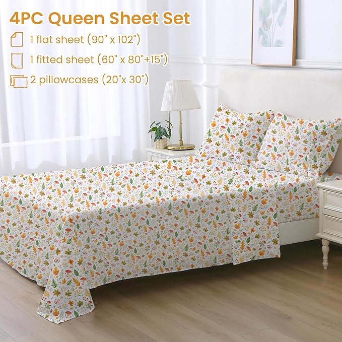Softan Orange Floral Queen Size Sheet Set, Printed Microfiber Fitted Sheet with 15" Deep Pockets & Non-Slip Straps, Maple Leaves & Mushroom Patterned Bedding Sheets & Pillowcase Set
