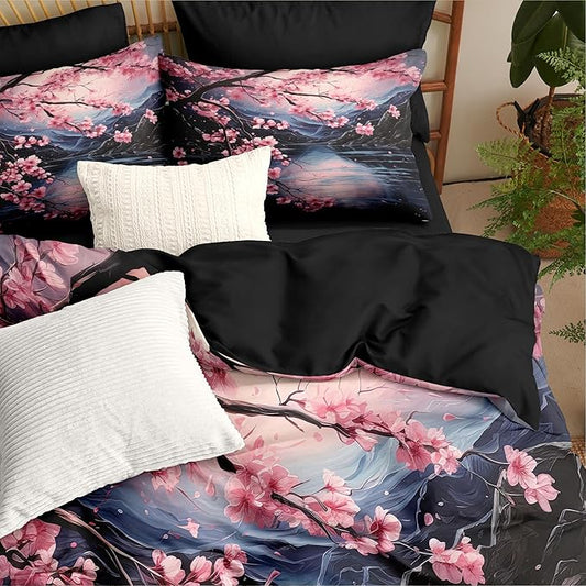 Japanese Style Comforter Set Twin,Cherry Blossom Lightweight Comforter for Girls, 2Pcs Black Pink Floral Painting Soft Bedding Set with 2 Pillowcases,Great Bedroom Decor