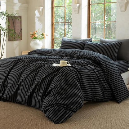 Striped Duvet Cover Set 100% Washed Cotton Linen Like Soft Feelling Breathable Bedding(Strip-Black/White,Twin)