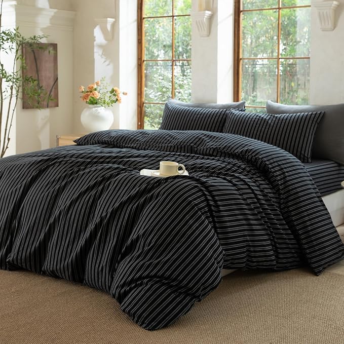 Striped Duvet Cover Set 100% Washed Cotton Linen Like Soft Feelling Breathable Bedding(Strip-Black/White,King)