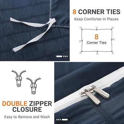 HYMOKEGE Navy Blue Twin Size Duvet Cover, Ultra Soft 2-Piece Seersucker Duvet Cover Set with Zipper Closure, Soft Brushed Microfiber Bedding Set with 8 Corner Ties (68"x90", 1 Pillowshams)