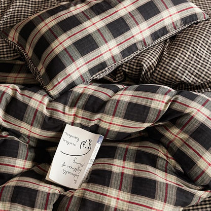 EAVD Vintage Black Gingham Comforter Set Twin XL Soft 100% Muslin Cotton Red Green Grid Checkered Plaid Bedding Set with 2 Pillowcases Farmhouse Reversible Black Plaid Comforter Set for All-Season