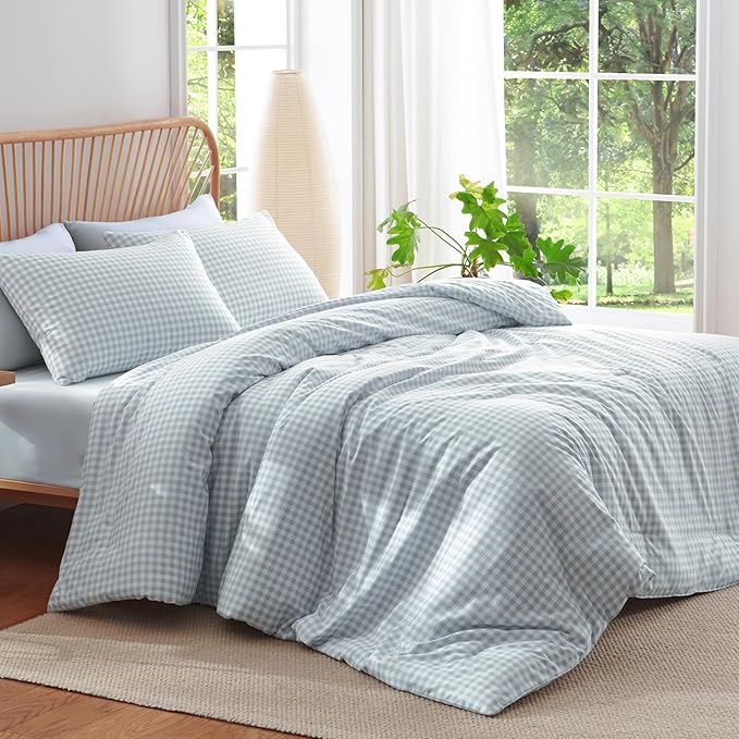 Nayoroom Gingham Comforter Set Full Size Blue Plaid Checkered Dorm Bedding Set 3 Pieces Soft Lightweight Farmhouse Grid Comforter for All Seasons (1 Comforter, 2 Pillowcases)
