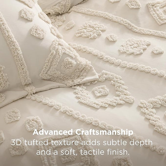 Bedsure Boho Tufted Beige Comforter King Size, GentleSoft™ 3 Pieces Boho Farmhouse Decor Bedding, Exquisite Shabby Chic Bedding for All Seasons, 1 Bed Comforter, 2 Pillow Shams, 104x90 Inches