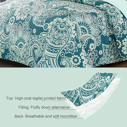 Whale Flotilla Reversible Printed Quilts Queen Size, Extra Soft Boho Paisley Floral Bedspreads for Bed Lightweight Full Queen Quilt Bedding Set Coverlets with 2 Pillow Shams for All Seasons, Turquoise