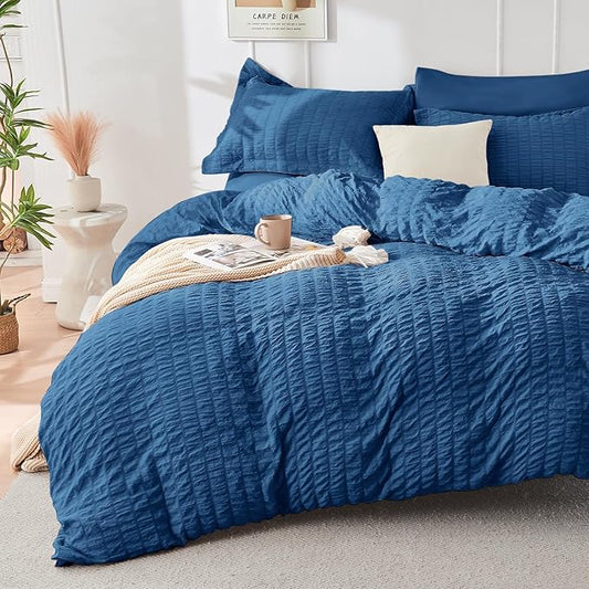 HYMOKEGE Teal Twin Size Duvet Cover, Ultra Soft 2-Piece Seersucker Duvet Cover Set with Zipper Closure, Soft Brushed Microfiber Bedding Set with 8 Corner Ties (68"x90", 1 Pillowshams)