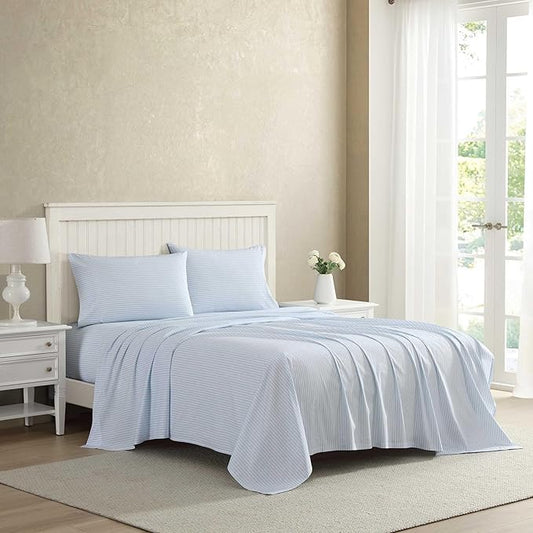 Laura Ashley - Full Sheet Set, Crisp & Cool Cotton Percale Bed Sheets, Deep Pockets, Striped Bedding with Matching Fitted Sheet & Pillowcases (Bedford Skinny Stripe Blue)