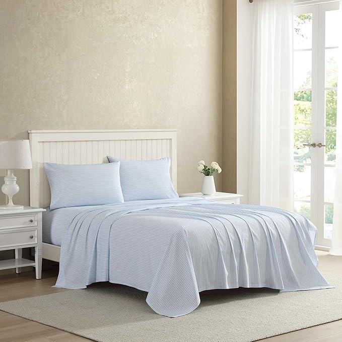 Laura Ashley - Queen Sheet Set, Crisp & Cool Cotton Percale Bed Sheets, Deep Pockets, Striped Bedding with Matching Fitted Sheet & Pillowcases (Bedford Skinny Stripe Blue)