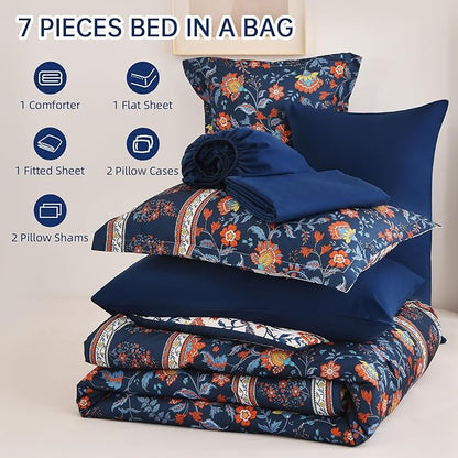Dinjoy Comforter Set King Size Boho, Reversible Navy Bedding Paisley Floral 7 Piece Bed in a Bag Soft Lightweight Bohemain Comforters with Sheet Sets for All Season