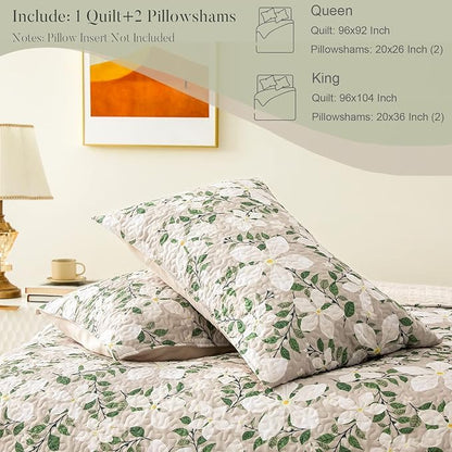 Whale Flotilla Reversible Printed Quilts Queen Size, Extra Soft Boho Floral Leaf Bedspreads for Bed Lightweight Full Queen Quilt Bedding Set Coverlets with 2 Pillow Shams for All Seasons, White Bone