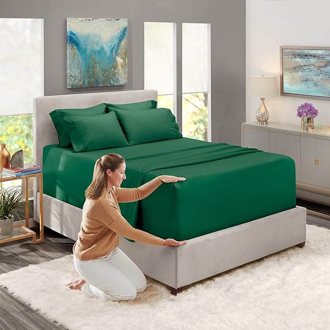 Hearth & Harbor Bed Sheets, Luxury Soft 6 Piece Bed Sheet Set Extra Deep Pocket Fitted Sheets Fits Mattress up to 21", Double Brushed Bedding Sheets & Pillowcases, Full, Dark Green