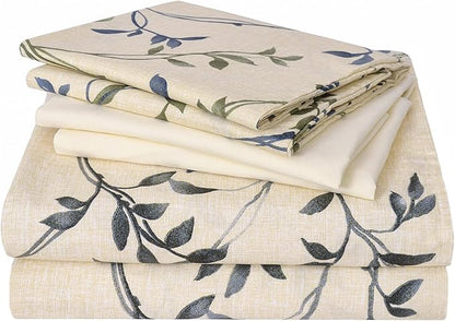 JSD 6 Piece Rustic Leaves Printed Sheet Set King Size, Soft Botanical Pattern Microfiber Sheets Extra Deep Pocket