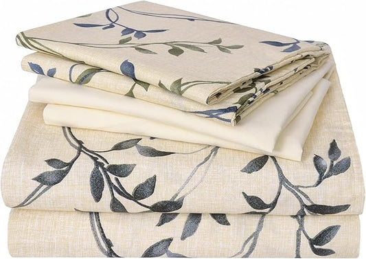 JSD 6 Piece Rustic Leaves Printed Sheet Set King Size, Soft Botanical Pattern Microfiber Sheets Extra Deep Pocket
